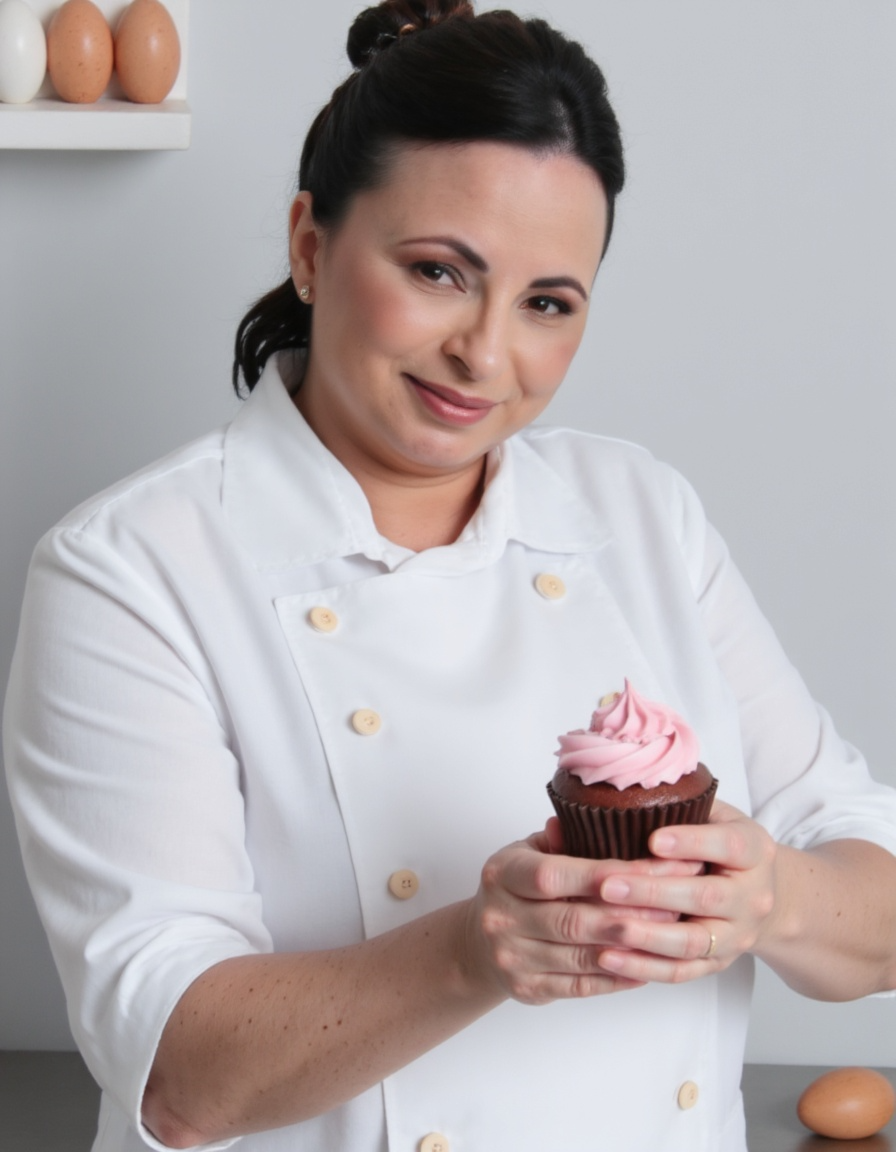 Ká Simas, criadora do Caixa de Açúcar, segurando um cupcake
