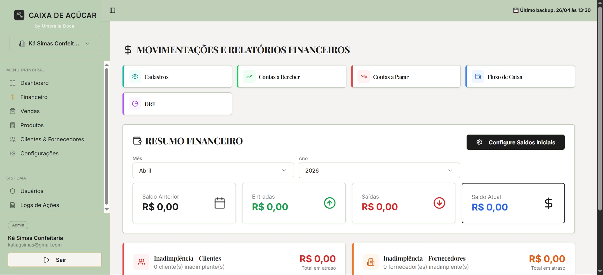 Tela Financeiro do Caixa Business