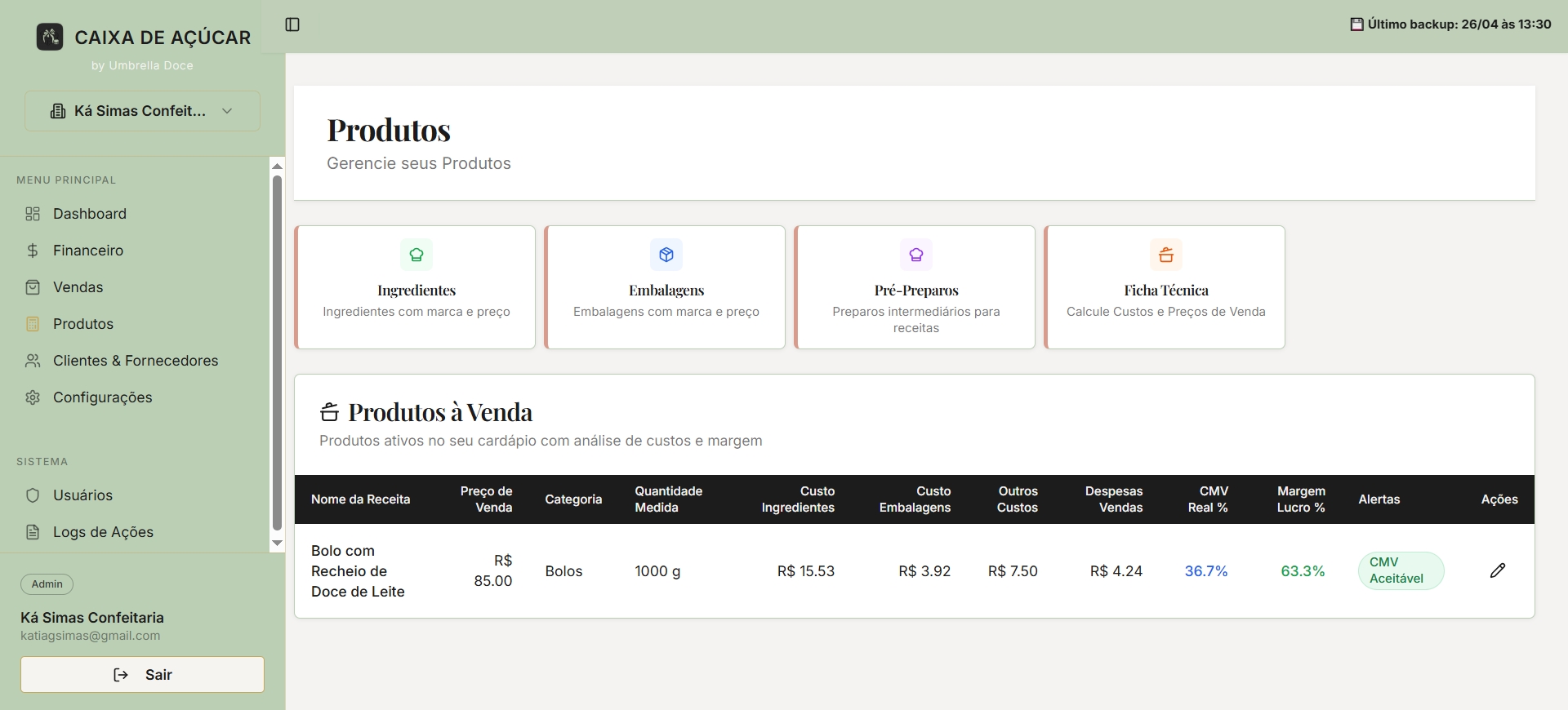 Tela Precificação do Caixa Business